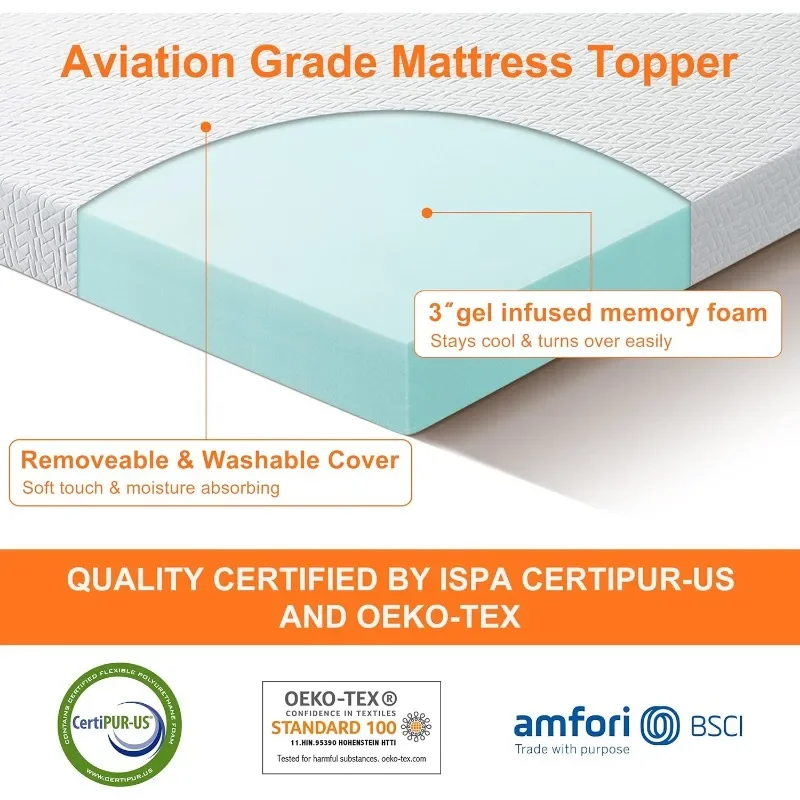 Gel Memory Foam Mattress Topper,Cooling Mattress Pad Cover for Pressure Relief,Bed Topper with Removable Cover,Soft & Breathable