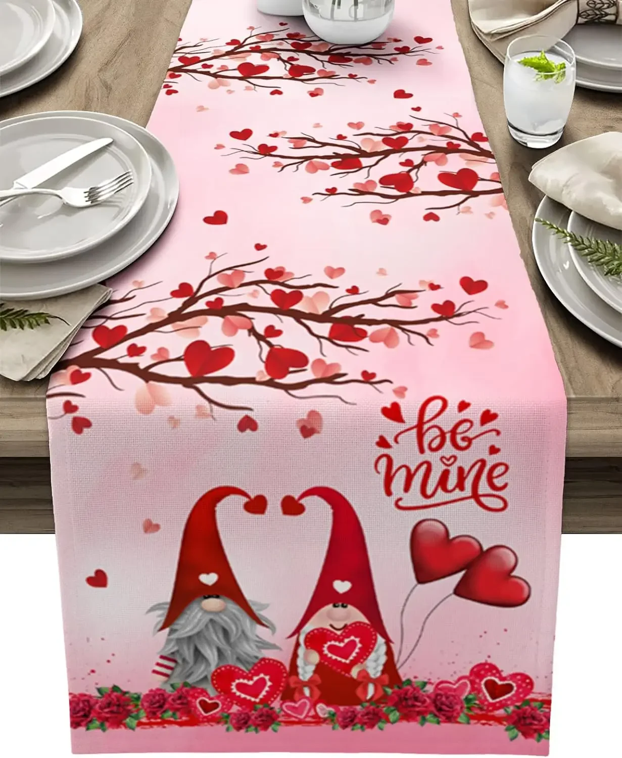 Valentine's Day Love Gnomes Linen Table Runner Valentine Pink Theme Rose Love Heart Table Runners for Kitchen Dining Table Decor