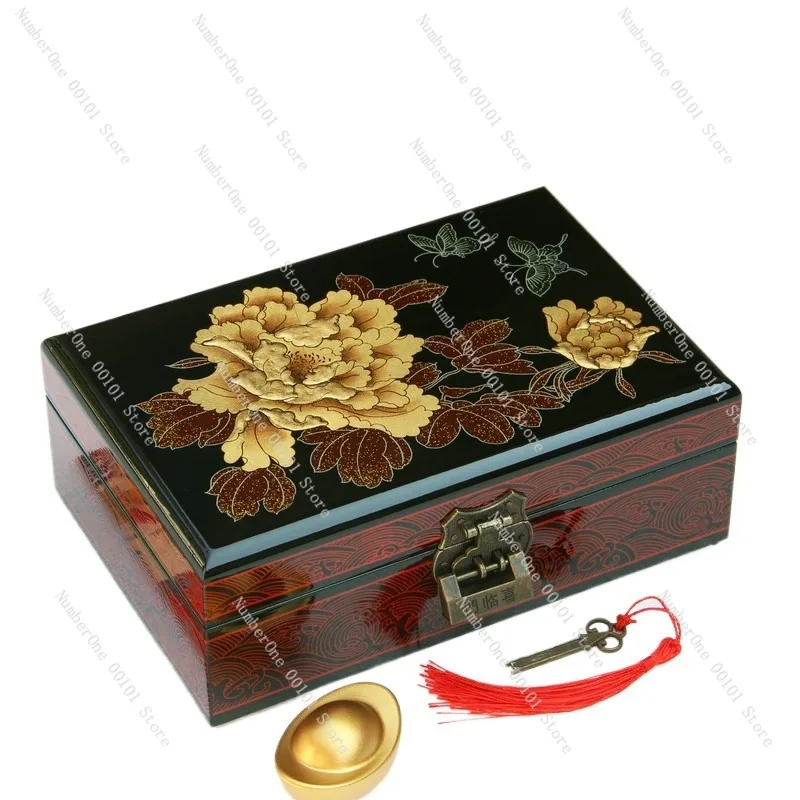Red Lacquered Wooden Jewelry Box with Peony Design, Chinese-Style Wedding Dowry Box with Lock, Traditional Pingyao Lacquerware