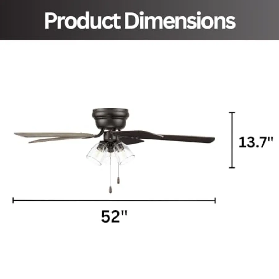 52-Inch Indoor Ceiling Fan in Renton Bronze Finish with Clear 3-Light LED Multi-Arm Lighting E26/B11 Bulb Compatibility and Pul