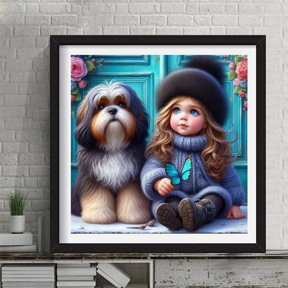 Cartoon Little Girl And Dog Diamond Painting Full Square Round Diamond Mosaic Cute Baby DIY Embroidery New Arrivals Home Decor