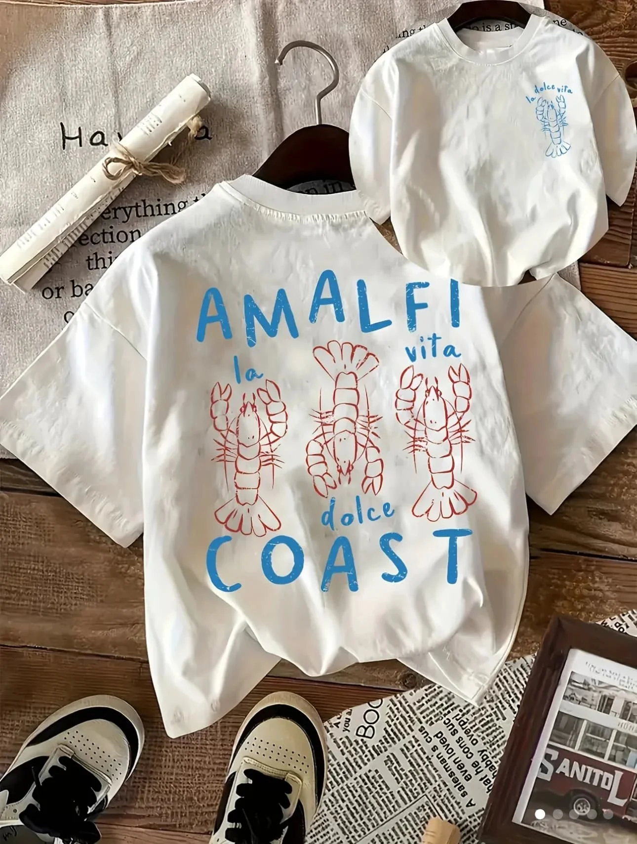 Amalfi Coast Lobster Men's T-shirt Vacation Graphic Casual Cotton Short Sleeve Tops Summer Streetwear Y2k Trendy Brand T-shirts