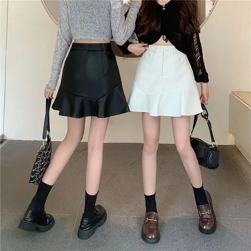 Rok Kulit PU Pinggang Tinggi Seksi Wanita Pakaian Wanita Rok A-Line Bungkus Pinggul Asimetris Fashion Baru Musim Panas untuk Wanita