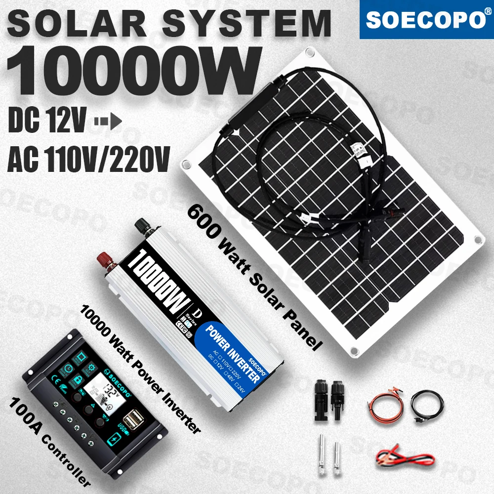 

SOECOPO 10000W Peak Solar System Kit 12V To 110V/220V Inverter 600W Panel 100A Controller for Camping Off-Grid Emergency Backup