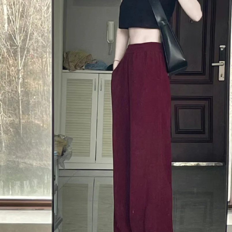 السنة الجديدة الأحمر Vintage Pants غير رسمية المرأة الربيع و الصيف فضفاض الخصر واسعة الساق قطرة يشعر الطابق عادية سحب السراويل