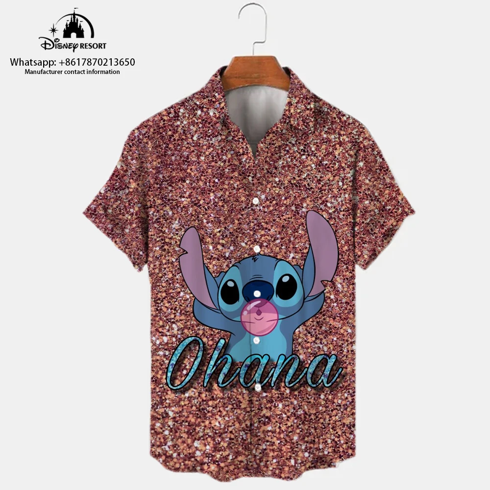 Camisa estampada padrão Stitch Cartoon masculina, manga curta, lapela, single-breasted, casual, na moda, versátil Top, rua, novo, Y2K, 2024