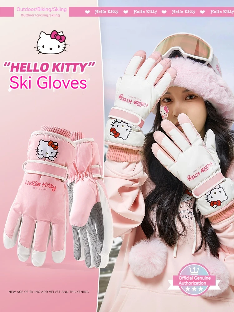 Sanrio Ski Gloves Ladies Winter Thick Velvet Hellokitty Riding Warm Cotton Gloves Can Touch The Screen Children's Ski Equipment