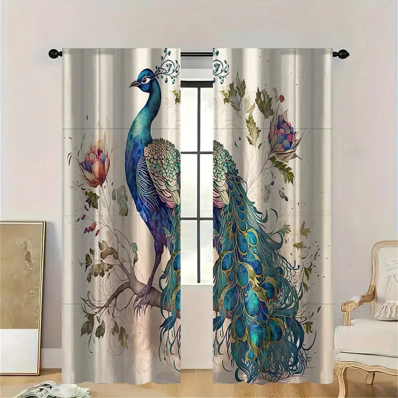 2pcs Peacock and Floral Curtains  Blue Green Sheer Light Filtering, Elegant Botanical Decor for Living Room and Bedroom