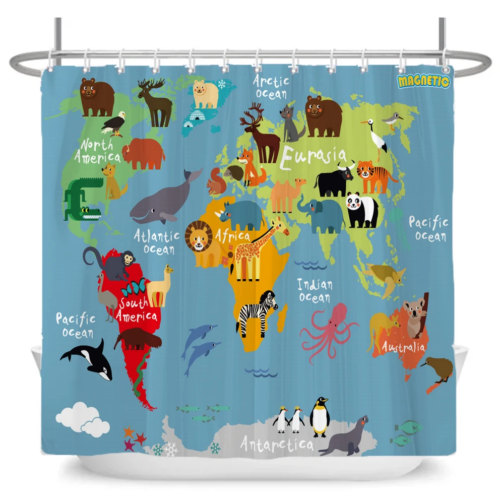 Cartoon Shower Curtain Animal Map Shower Curtains Baby Waterproof Polyester Fabric for Bathtub Bath Room Decor with Hooks