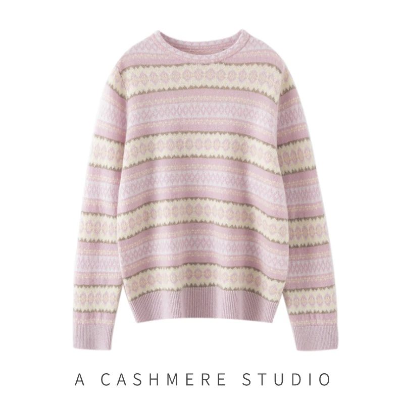 

Ladies' 100% cashmere pullover casual striped knitted sweater with loose round neck Top high-quality luxury brand Pull Jumper