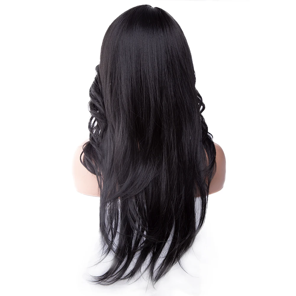 Perruque synthétique longue lisse avec frange balayée, perruque noire bouclée Cosplay Body Wave pour femmes, fausse perruque Blonde Ombre