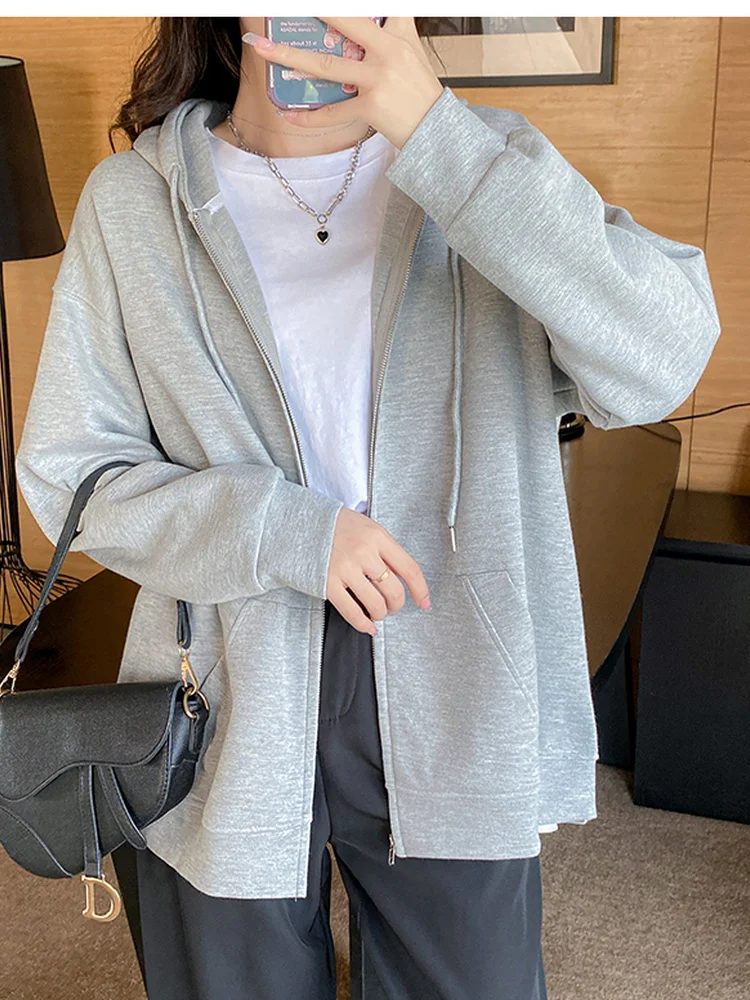 Loose Fit Korean Style Zipper Hooded Open Cardigan Women's Casual Outerwear Autumn Season Pure Color Pocket Detail Jacket