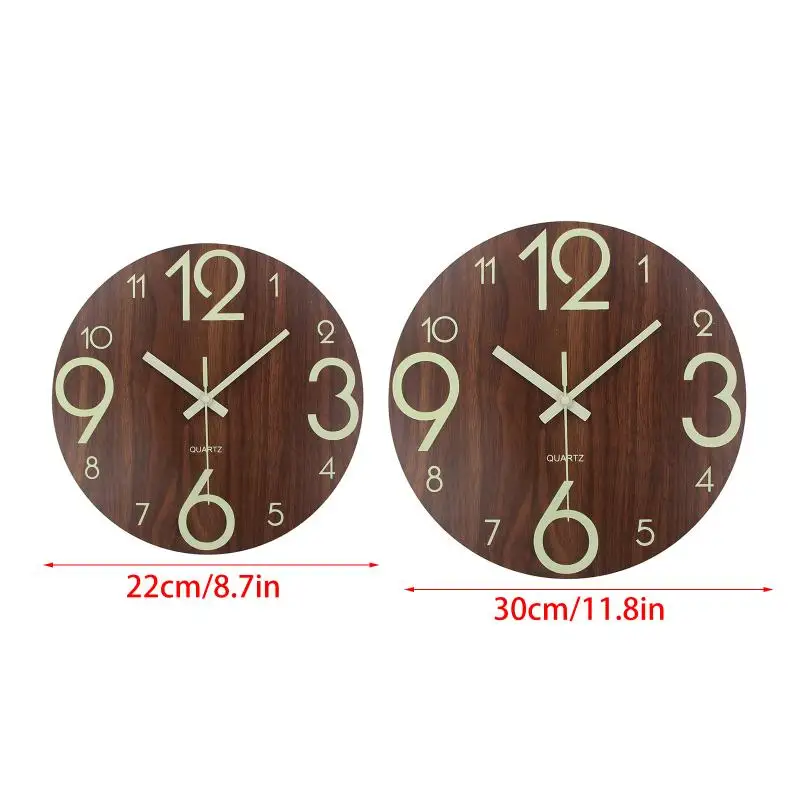 8/12 Inch Luminous Wall Clock Wood Silent Light In Dark Night Nordic Fashion Wall Clock Non Ticking Clock With Night Light