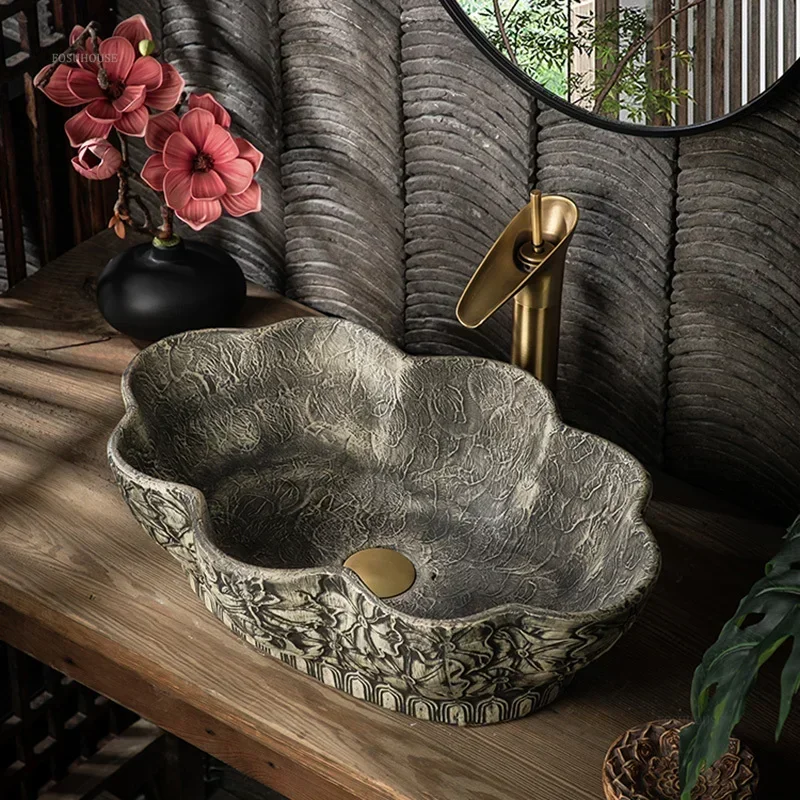 Ceramic Bathroom Sinks Art Countertop Sinks Hotel Antique Washbasin  Special-shaped Deepened Wash Basin Creative Retro Basin X