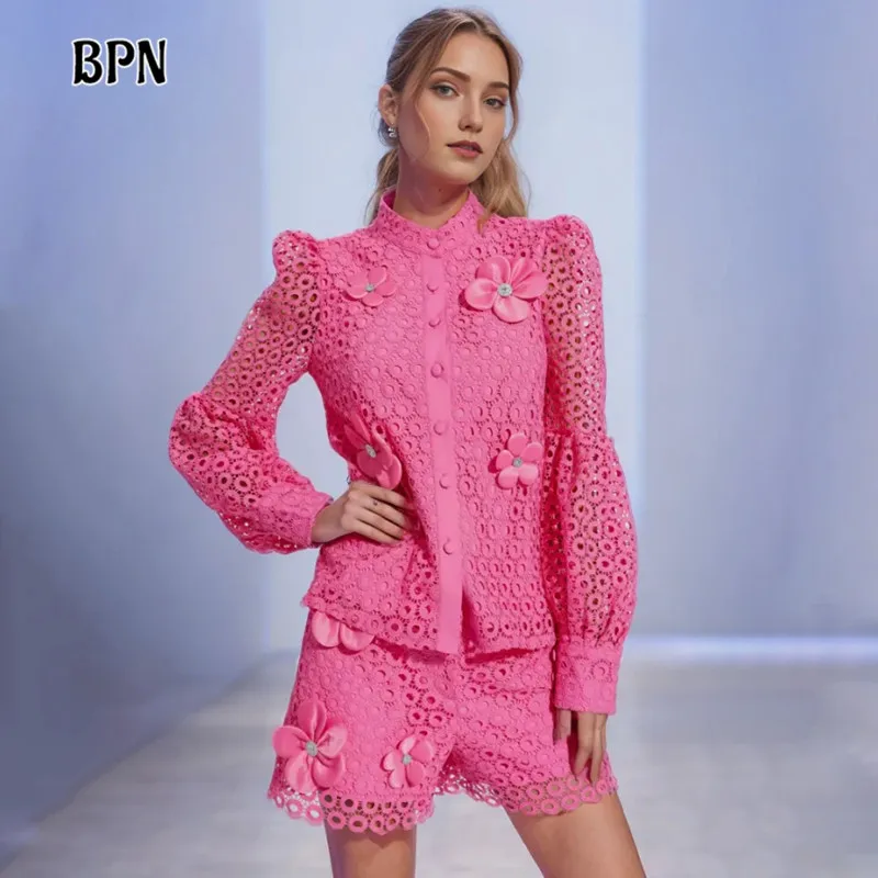 

BPN Casual Two Piece Sets For Women Round Neck Long Sleeve Blouses High Wiast Loose Shorts Patchwork Applique Set Female Fashion