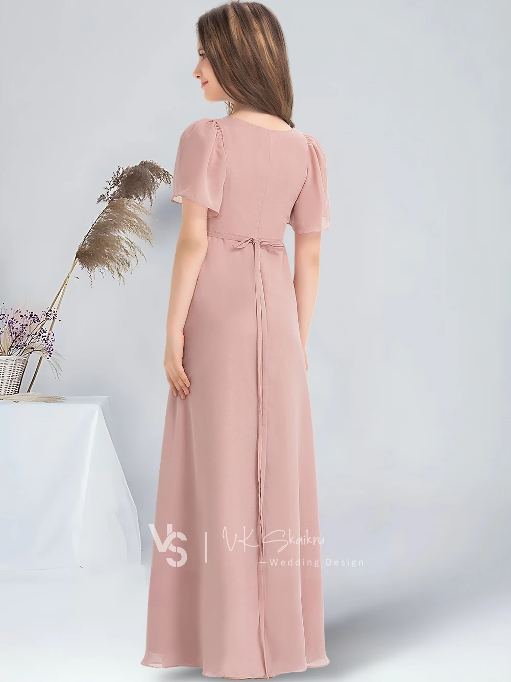 A-line V-Neck Floor-Length Chiffon Junior Bridesmaid Dress Chic Dusty Rose Flower Girl Dress for Wedding Party Dresses For Teens