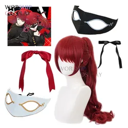 Yoshizawa Kasumi Wigs Game Persona 5 P5 Cosplay Wig Red Long Curly Synthetic Hair Halloween Wigs + Wig Cap Black Mask Bow Haipin