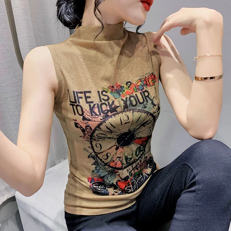 #4517 Sleeveless T Shirt Women Printed Turtleneck Tee Femme Outerwear Slim Vintage Short Tshirt Femme Tight Summer