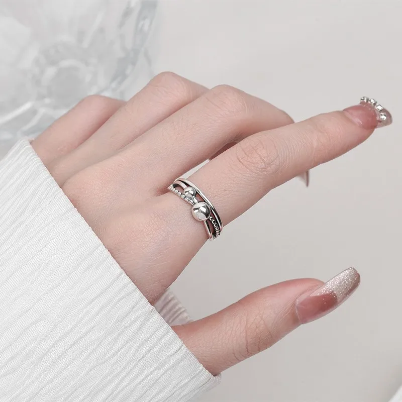 722JM ZFSILVER Silver S925 Fashion Trendy Adjustable Retro Fresh Fine Cross Hollow Round Balls Rings Girls Women Wedding Jewelry