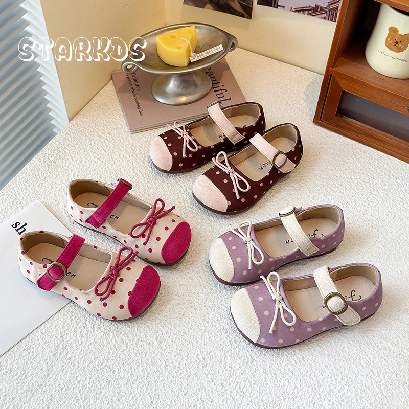

Pink Purple Polk Dot Printed Ballet Flats For Kids Girls Cute Bowknot Design Ballerina Shoes Baby Child Soft Dress Shoes
