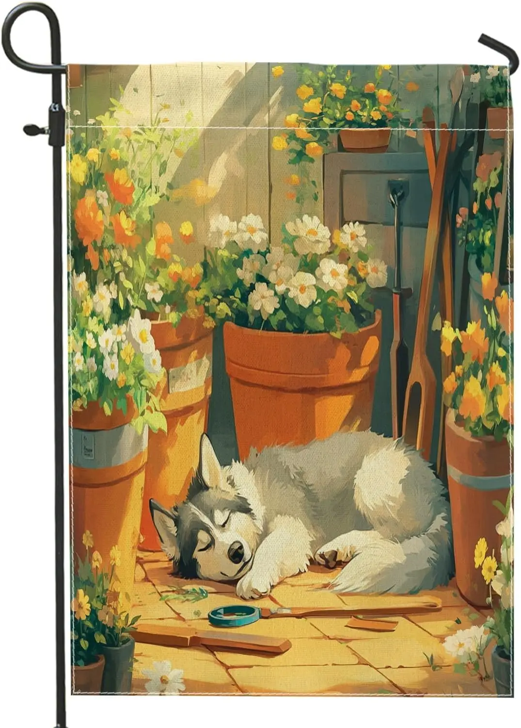 Spring Alaskan Malamutes Dog Garden Flags 12x18 Inch for Outside, Cute Flowers Pot Plant Pattern Standard Linen House Flags, ZZM