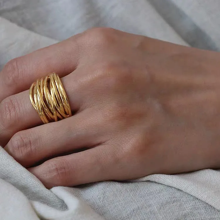 925 srebrne pierścionki dla kobiet prosty Vintage ręcznie regulowany palec złoty pierścionek modny pasek kobieta Bijoux prezent — zdjęcie 3