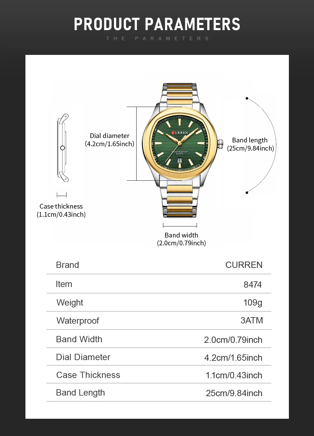 CURREN Modische Minimalistische Quarzuhr für Herren Zweifarbiges Edelstahlarmband Luxus-Armbanduhren mit Leuchtzeigern – Detail 7