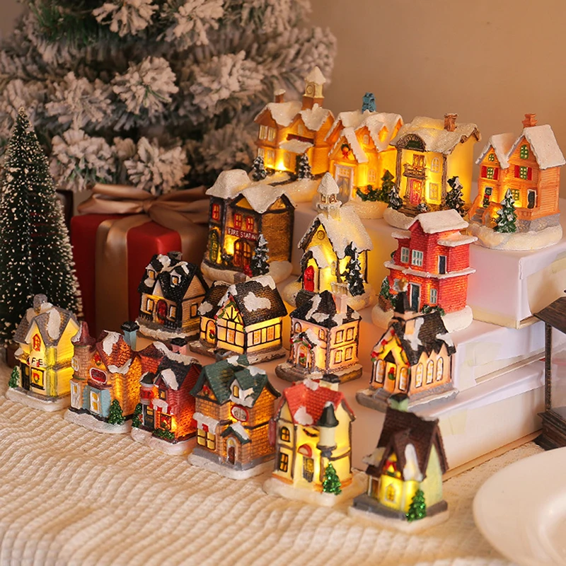 Mini LED Christmas Village Houses Building Xmas Winter Village Town Buildings Collection Home Indoor Room Decoration Xmas Gifts