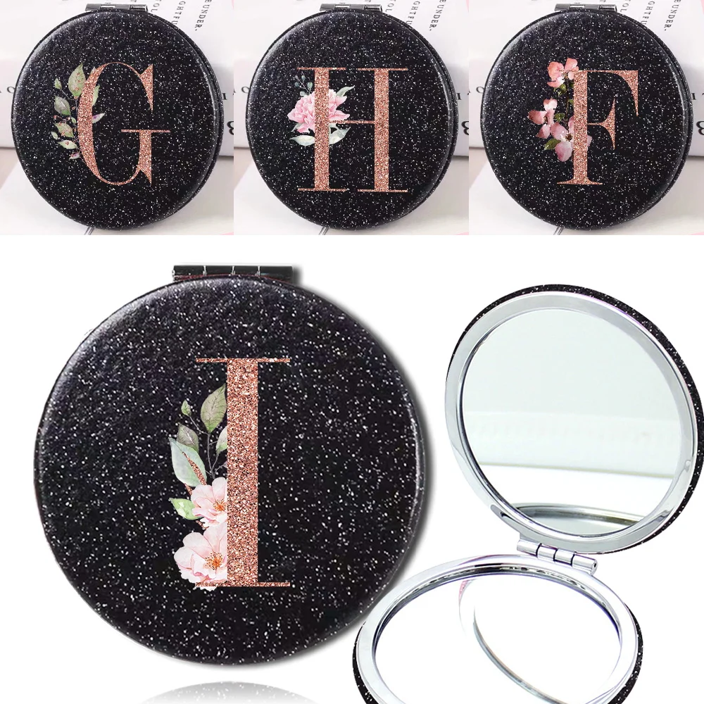 Portable PU Double Sided Makeup Mirror Pocket Handheld Mirror Magnifying Travel Beauty Cosmetic Tool Rose Gold Letter Pattern