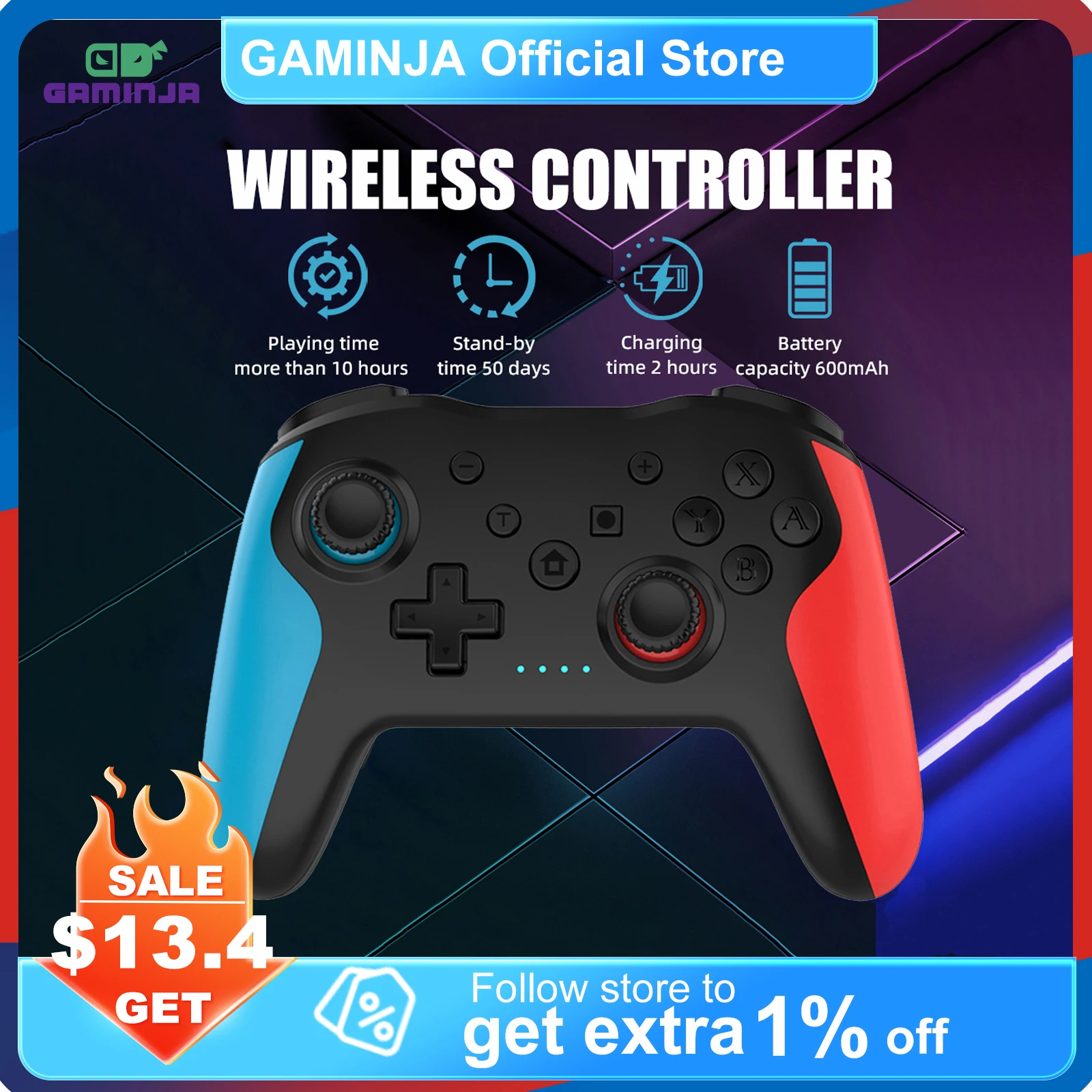 GAMINJA NS009S Wireless Controller For Nintendo Switch PC PS3 TV Box Pro With 6-axis Dual vibration Wake up Lag-Free BT Gamepad