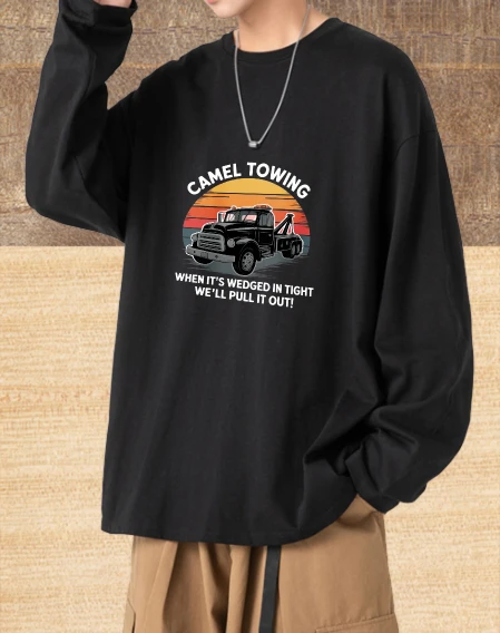 

T shirt men autumn Christmas Breathable Long sleeve Graphic tee Camel Towing Breathable Daily Printed tshirt Hip-Hop High Street