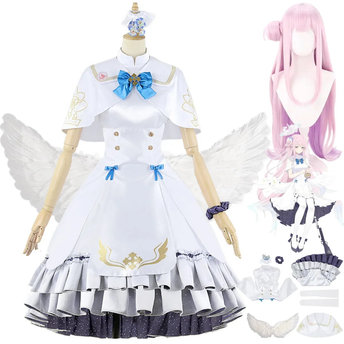 Anime Game Blue Archive Misono Mika Cosplay Costume Wig White Lolita Dress Wing Woman Sexy Kawaii Halloween Carnival Suit