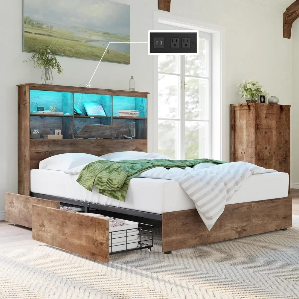 

King Size Bed Frame Wooden Platform Bed，Storage LED Bookcase Headboard,4 Storage Drawers & Charging Station/No Box Spring Needed