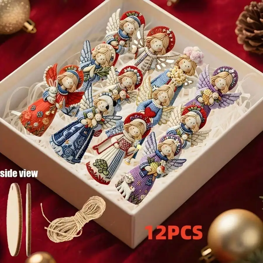 12 Vintage Christmas Angel Wooden Ornaments, Hand-Painted Floral and Star Patterns, Suitable for Christmas Trees, Home Decor, Parties, Holiday Gifts, to Enhance the Festive Atmosphere, Christmas Tree Decorations