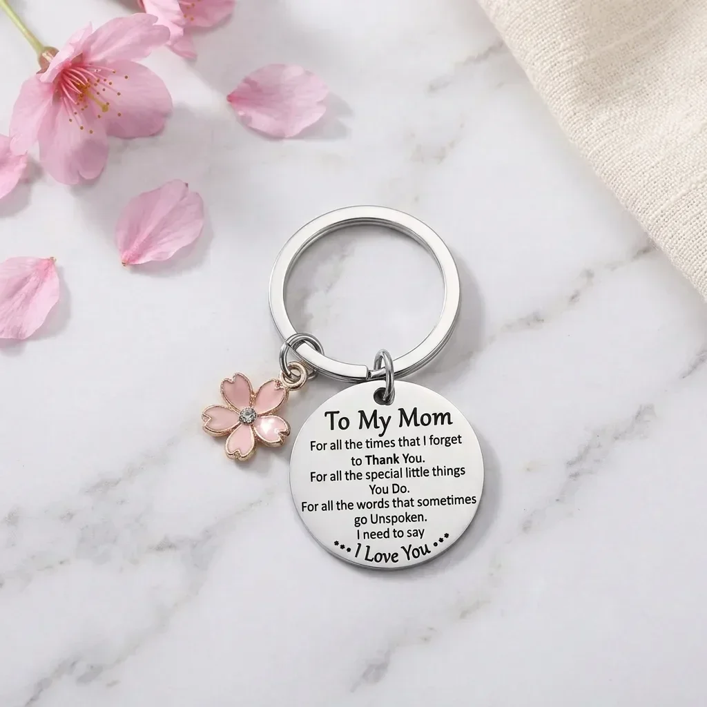Stainless Steel Keychain For Mom With Floral Charm And Love Message Gift For Mothers Day Birthday