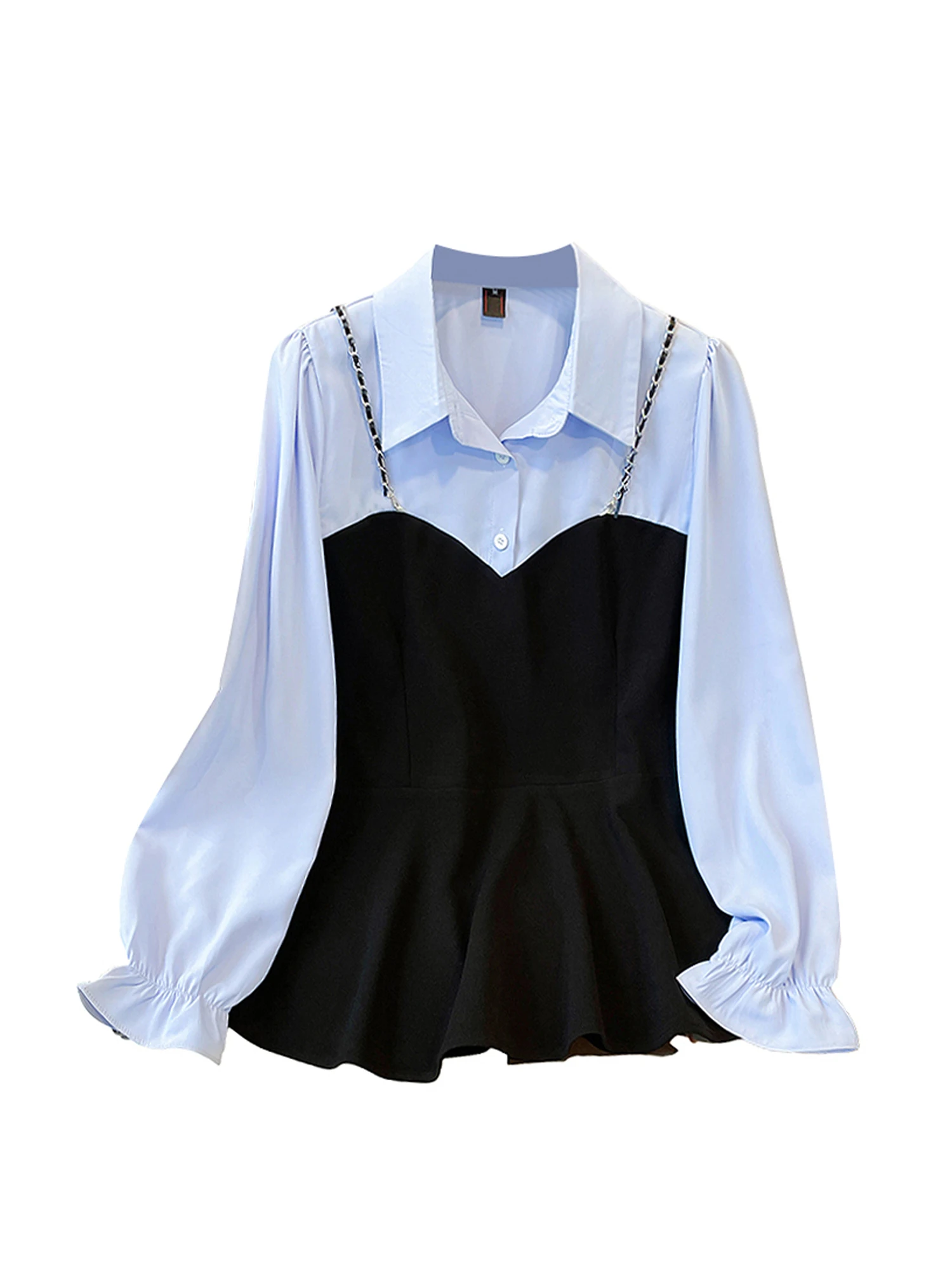 

Women's Blue Patchwork Shirts Blouses Vintage Elegant Aesthetic 2000s Long Sleeve Oversize Shirt Fashion Clothes Spring Autumn