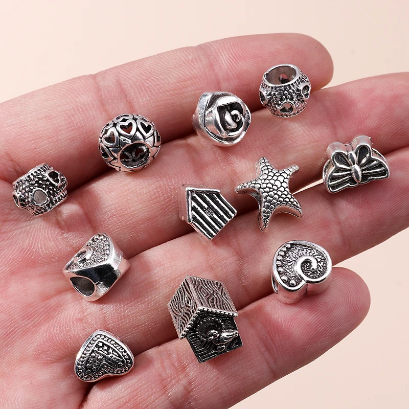 Leslie 25 Stück zufällige gemischte silberfarbene Legierungs-Charms-Perlen für Marken-Charms-Armbänder, Halsketten, mehr als 1000 Stile – Detail 2