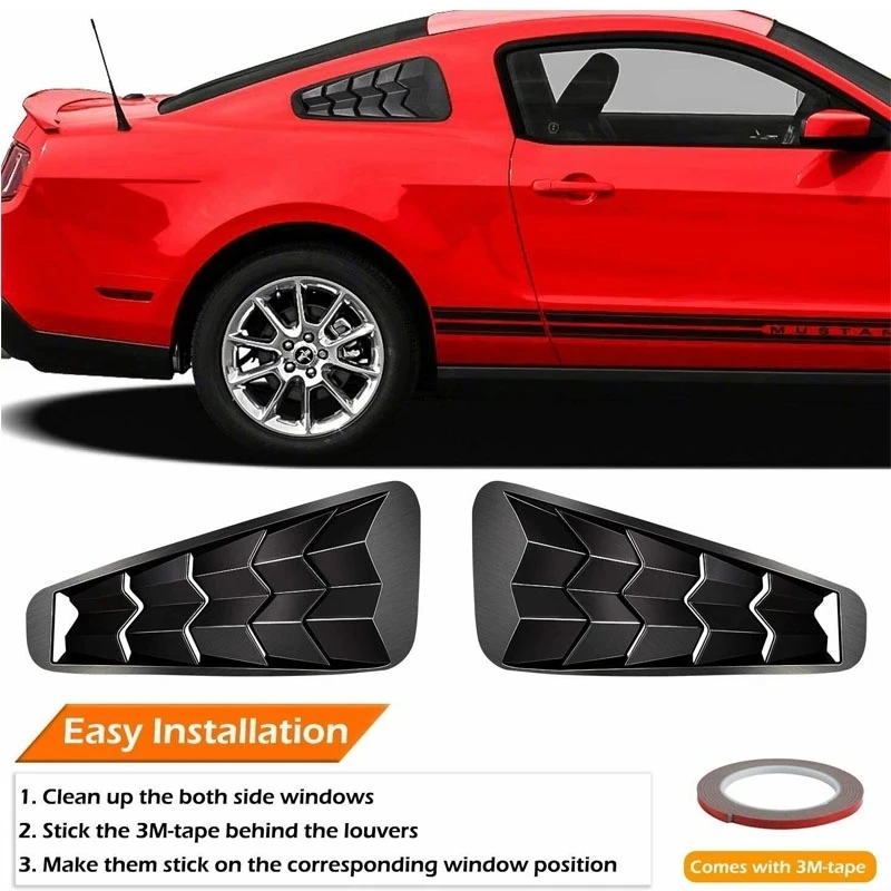 Quarter Side Window Louvers for Ford Mustang 2005-2014 Matte Black ABS Window Visor Cover Sun Rain Shade Vent（2PCS）