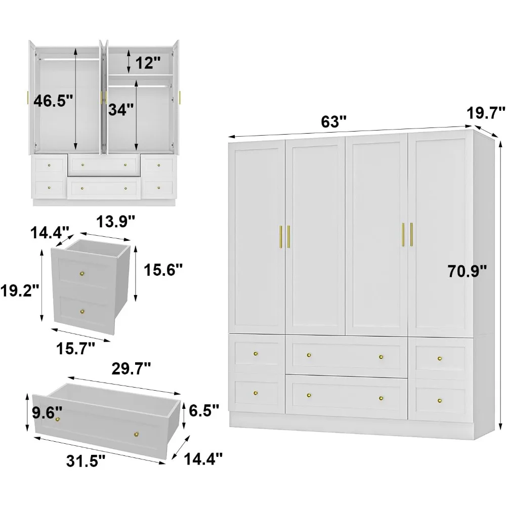 Armoire wardrobe with 4 doors, 4 large drawers, 2 hanging rods, clothes storage cabinet