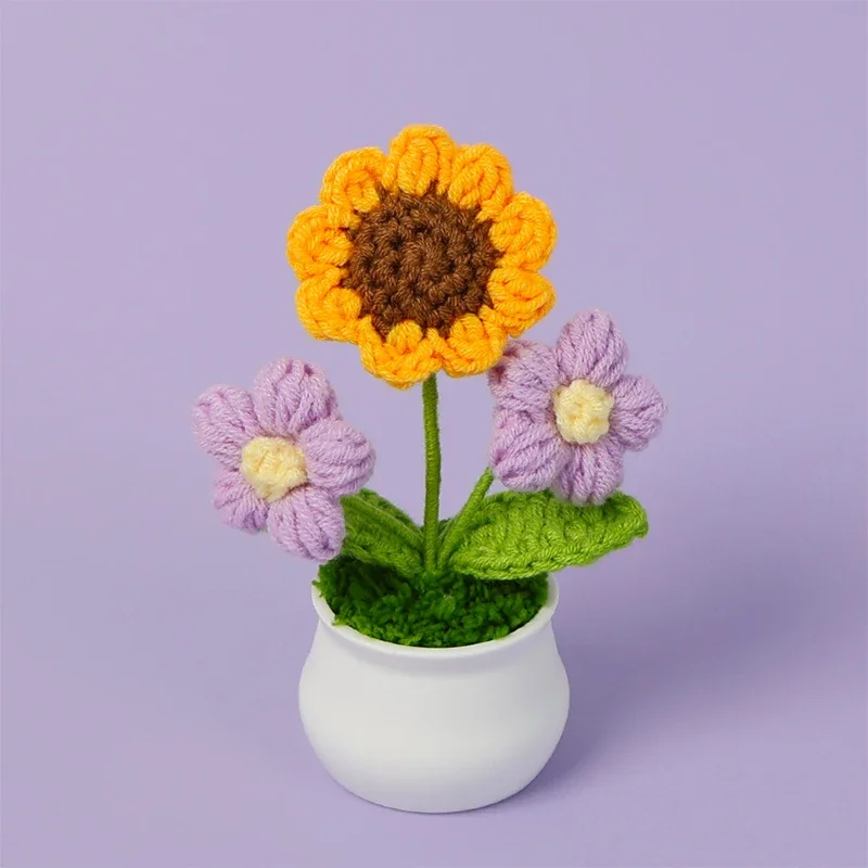 Sunflower Crochet Flowers Hand-knitted Flower Potted Finished Crochet Woven Flowers Pot Graduation Gift Home Decoration