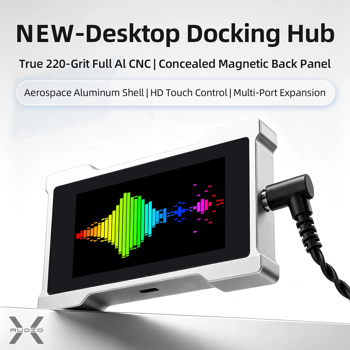 HMLAB AudioX 8K USBハブ、タッチスクリーン内蔵、ゲーミングサウンドカード、スペクトラム表示、PEQ調整機能搭載、3.5mmイヤホン対応。