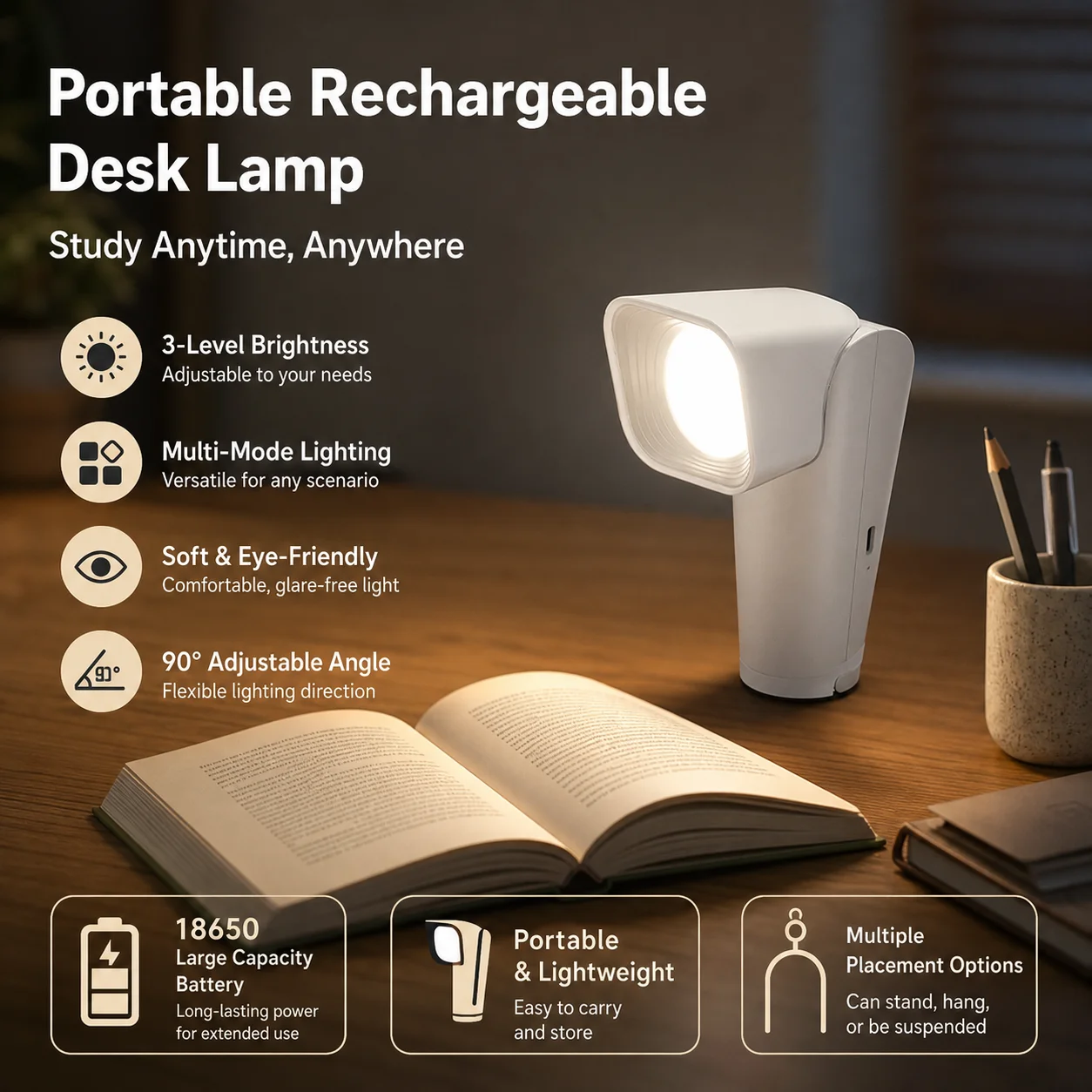 wwppu-折りたたみ式充電式デスクランプ。充電と電源プラグの両方で使用可能。学生向けの多機能ポータブル読書灯。