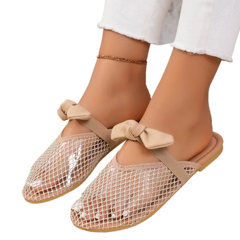 Ladies Shoes on Sale 2024 Brand Women\'s Slippers Summer Closed Toe Solid Net Cloth Butterfly-knot Square Heels Casual Slippers