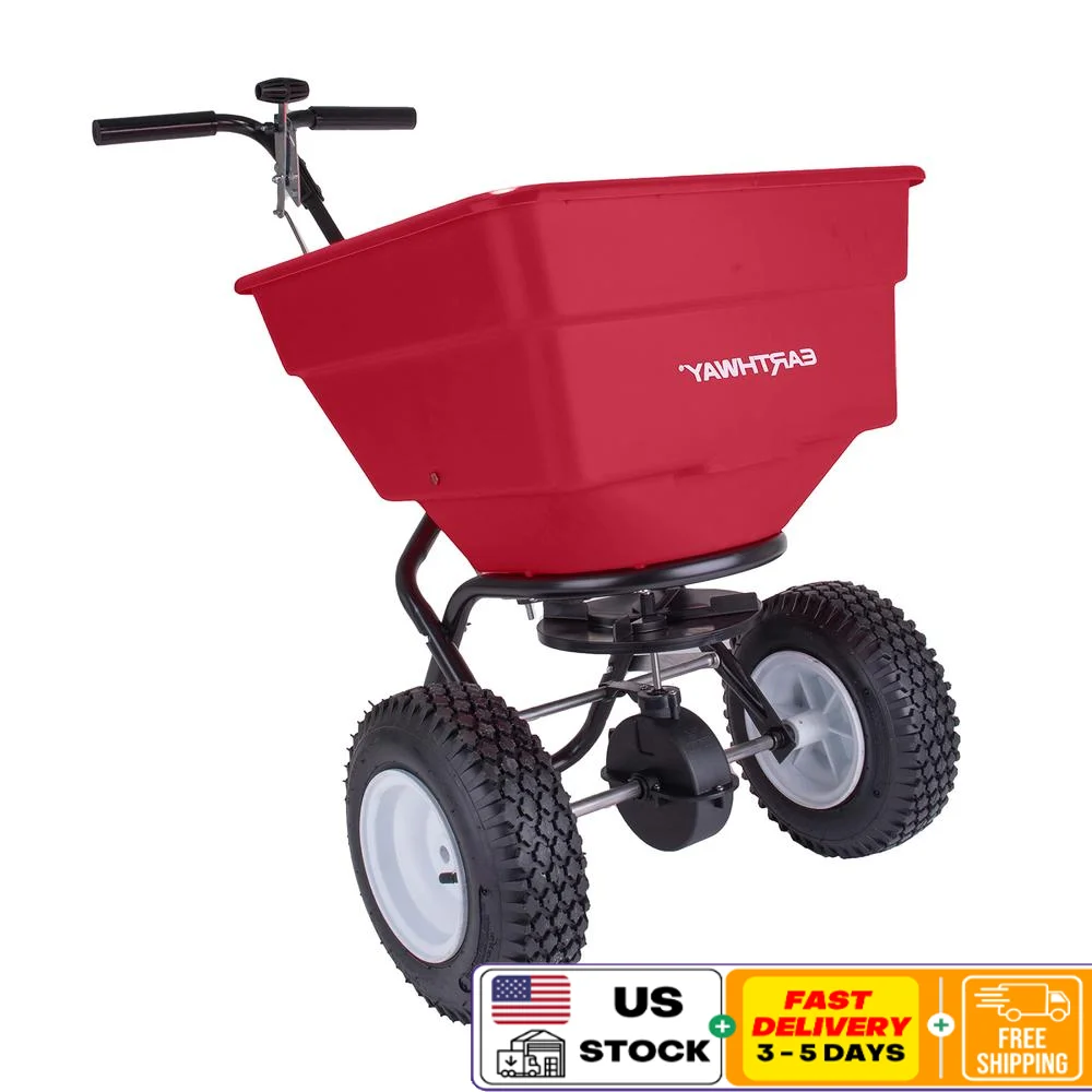 Commercial 100 LB Broadcast Fertilizer Spreader Heavy-Duty Seeder Adjustable Drop Rate Enclosed Gearbox Pneumatic Tires Garden