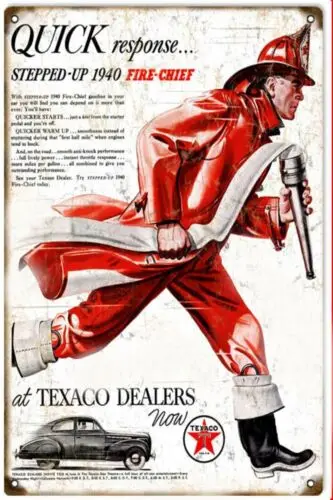 Tin Sign 8 x12 1940 Fire Chief Texaco Dealers Step up Fireman