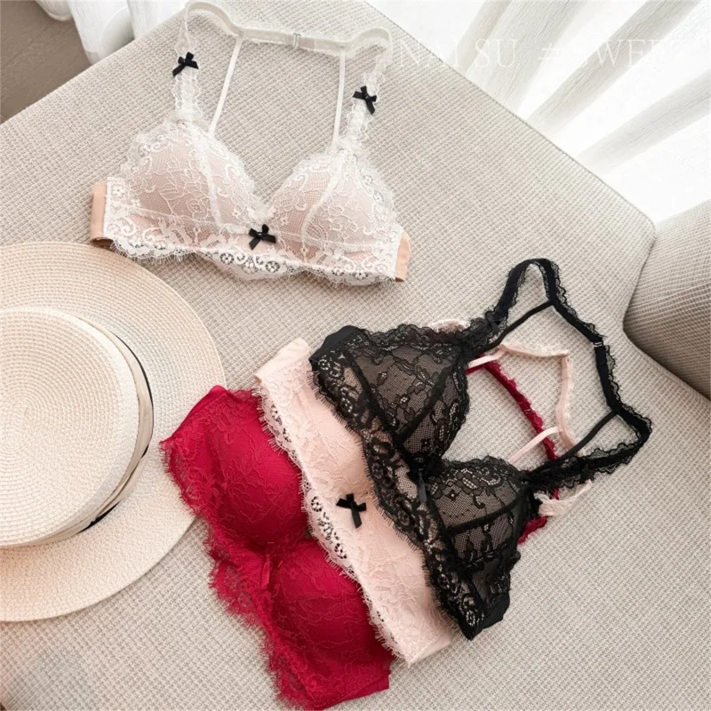 KUCLUT Style Halter Neck Bra Set for Women Sexy Lace No gather togethe Up Small Chest Gather Pure Desire Bralette MOYISU Tushy B