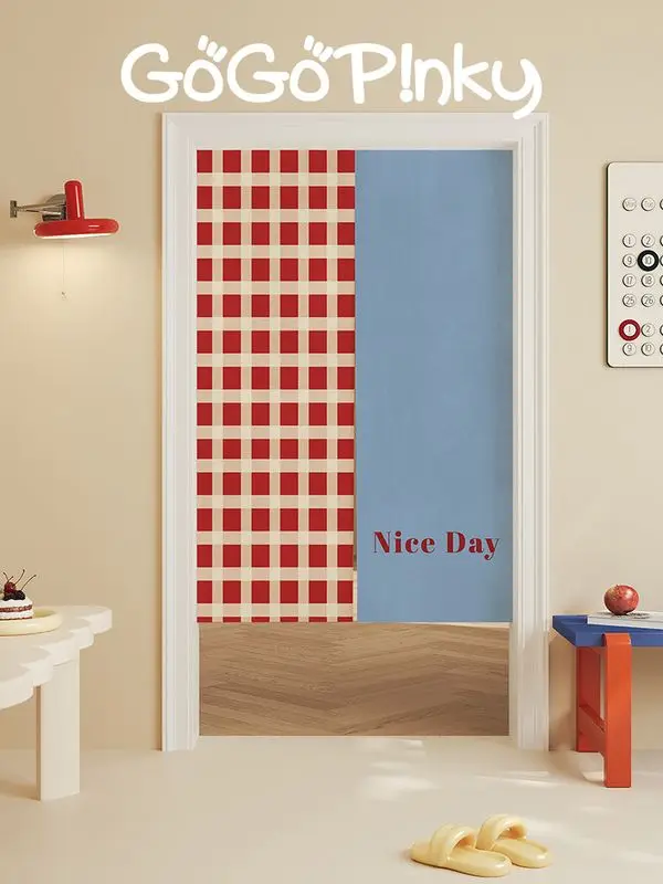 VIKAMA Color Block Plaid Noren Split Door Curtain Room Divider Privacy Curtain for Bedroom Kitchen Entryway Home Decor