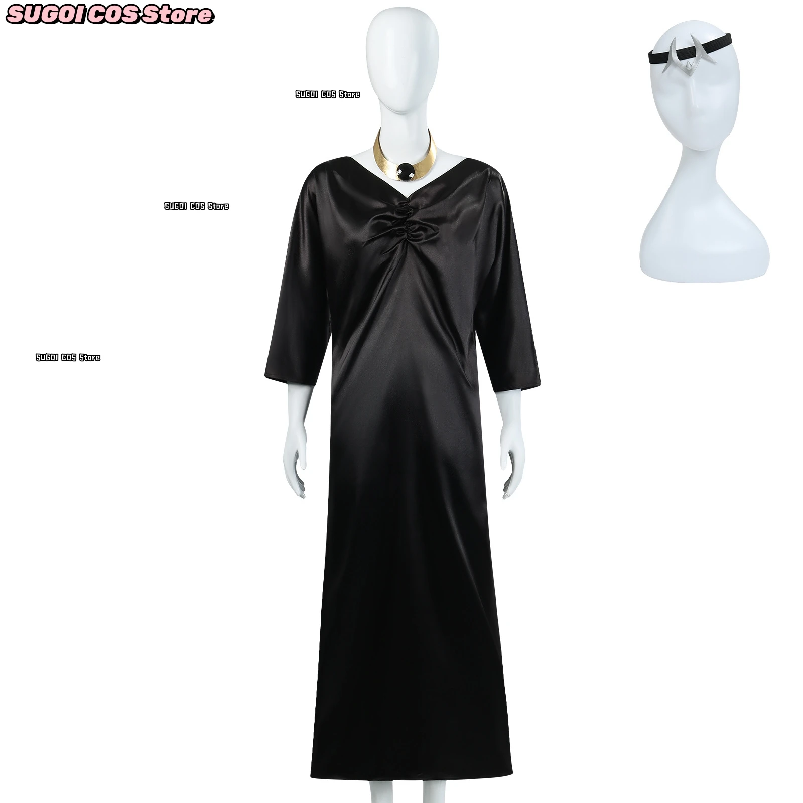 أنيمي Camearra تأثيري حلي أسود الخامس الرقبة سليم فستان طويل قلادة غطاء الرأس عصا للمشي ملحق لعب الأدوار بدلة الحفلات