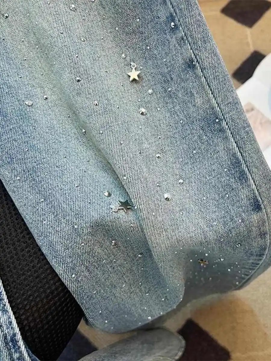 

Summer Rhinestone Jeans for Women High Waist Applique Straight Leg Trousers Casual Fashion Female Light Blue Denim Pants