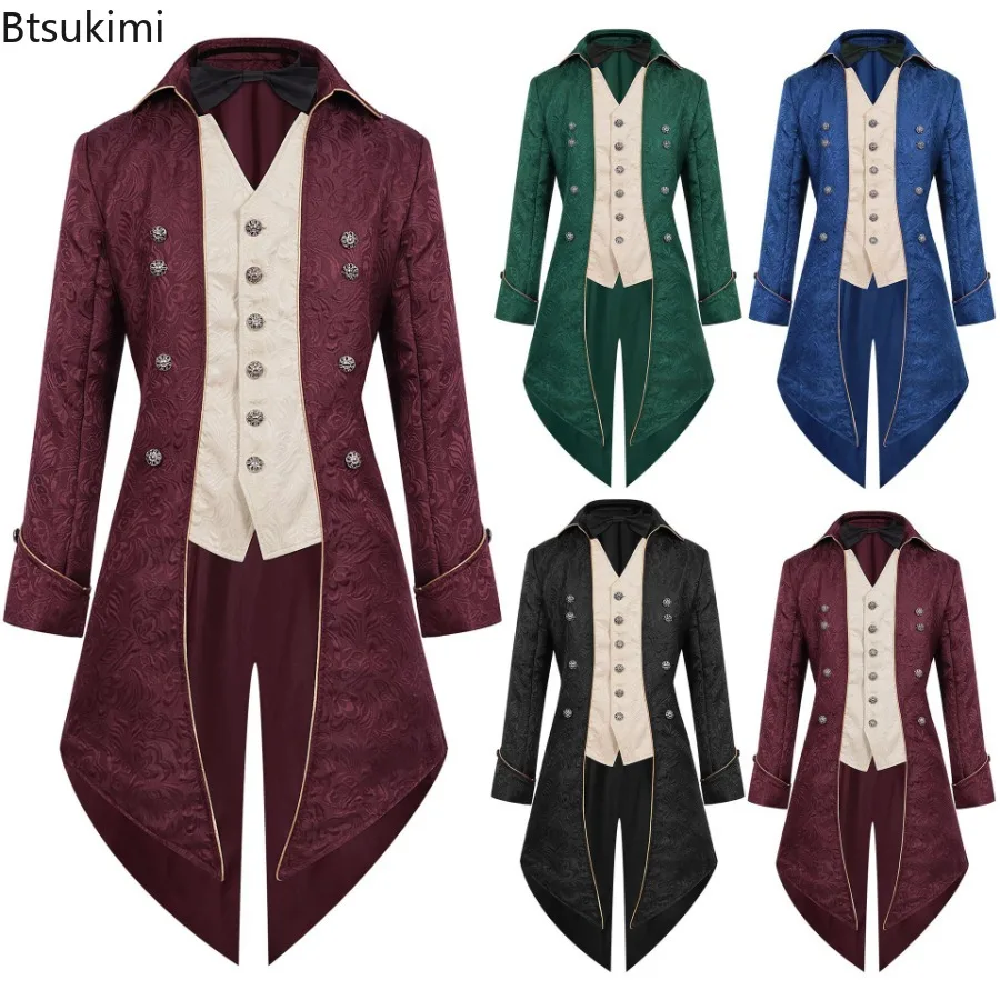 

New Medieval Retro Tuxedo Middle Ages Punk Men's Mid-Length Tailcoat Halloween Christmas Role-playing Costume Trench Coat Jacket